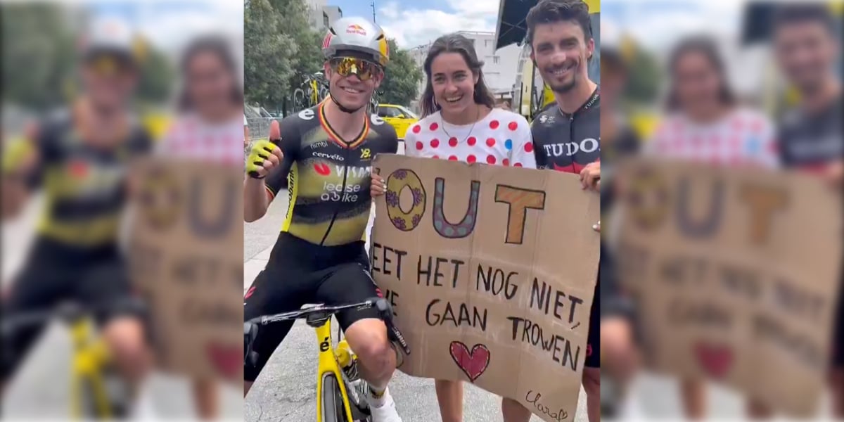 Woman with the Broken Cardboard Sign Found! She Meets Wout van Aert and Julian Alaphilippe