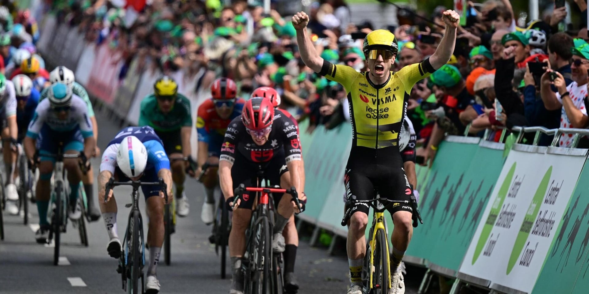 Matthew Brennan Strikes in Tour of Britain After Lead-Out by Leader Olav Kooij
