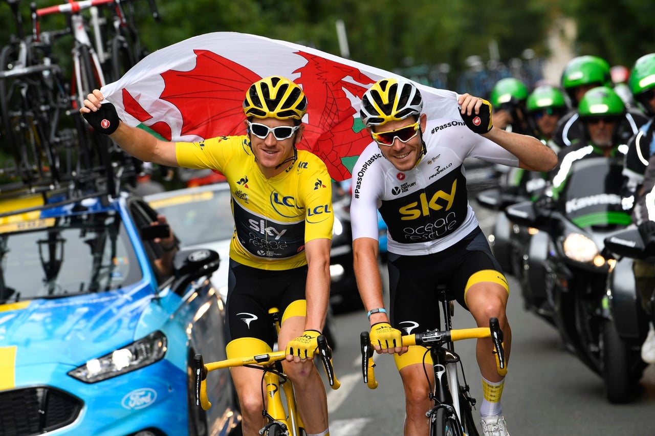 Thomas and good friend Luke Rowe celebrate the Tour victory – photo: Cor Vos