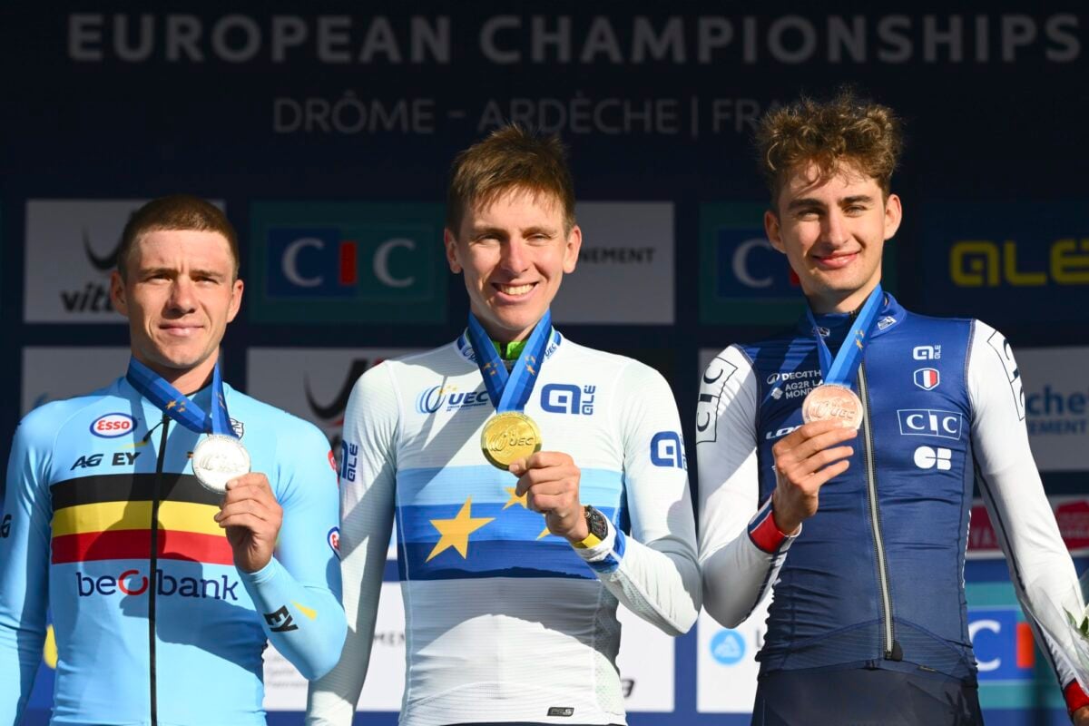 Seixas (r) on the podium with Evenepoel and Pogacar, riders he will one day want to beat - photo: Fotopersburo Cor Vos