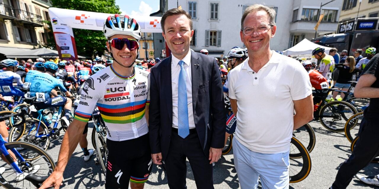 Van den Abeele during the 2023 Tour of Switzerland alongside Lappartient and world champion Remco Evenepoel – photo: Cor Vos