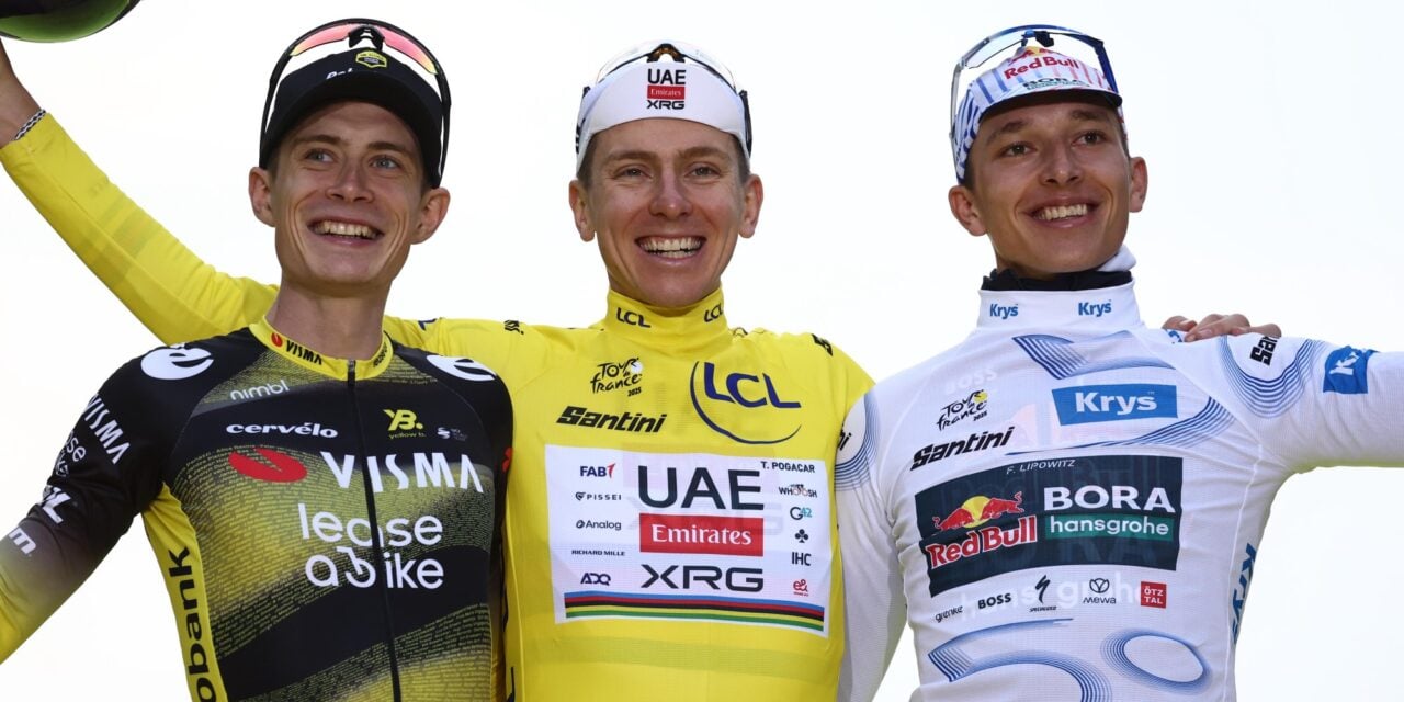 The 2024 Tour podium: Vingegaard, Pogacar and Lipowitz – photo: fotopersburo Cor Vos