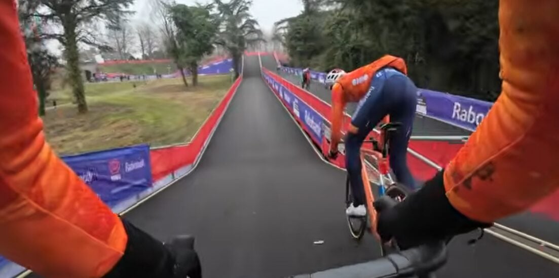 Puck Pieterse and Tibor Del Grosso film joint course preview for world cyclocross championships in Hulst